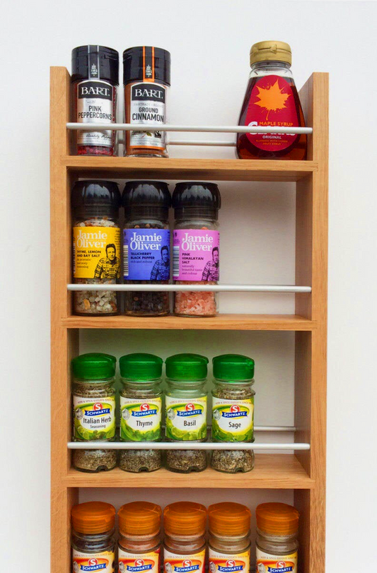 Solid Oak Spice Rack 4 Shelves Deep Capacity & Open Top for Larger Jars, Bottles and Packets- 8cm Deep
