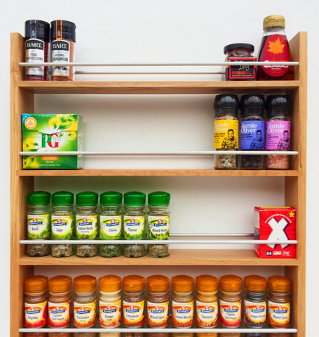 Solid Oak Spice Rack, 5 Tiers, Deep Capacity & Open Top. Holds Larger Jars, Bottles and Packets