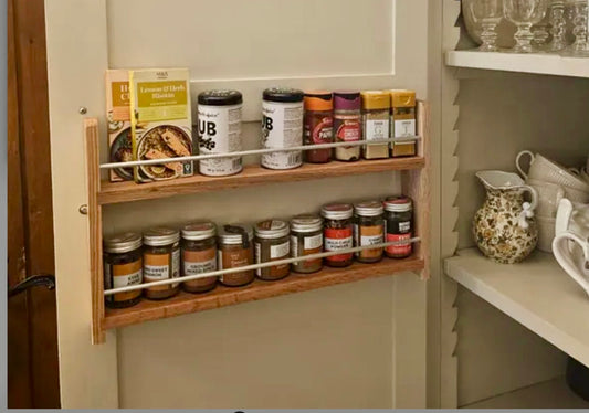 Solid Oak Spice Rack 2 Shelves Deep Capacity & Open Top for Larger Jars, Bottles and Packets - 8cm Deep