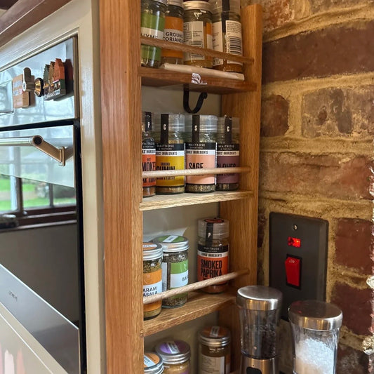 Solid Oak Spice Rack 4 Shelves - Cupboard & Door Hung - 6cm Deep