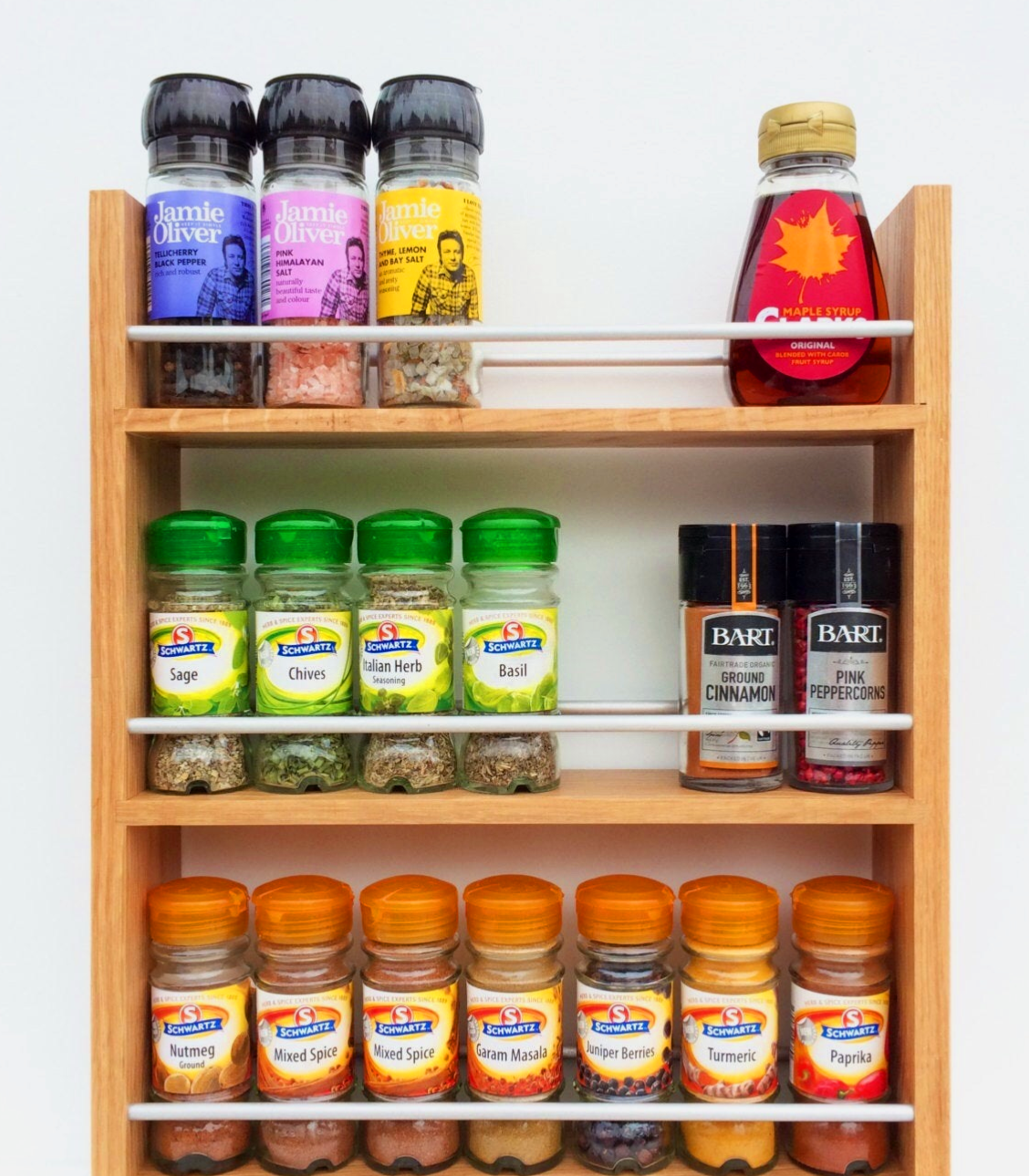 Solid Oak Spice Rack 6 Shelves Deep Capacity & Open Top for for Larger Jars, Bottles and Packets - 8cm Deep