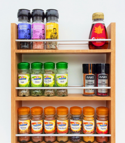 Solid Oak Spice Rack 6 Shelves Deep Capacity & Open Top for for Larger Jars, Bottles and Packets - 8cm Deep