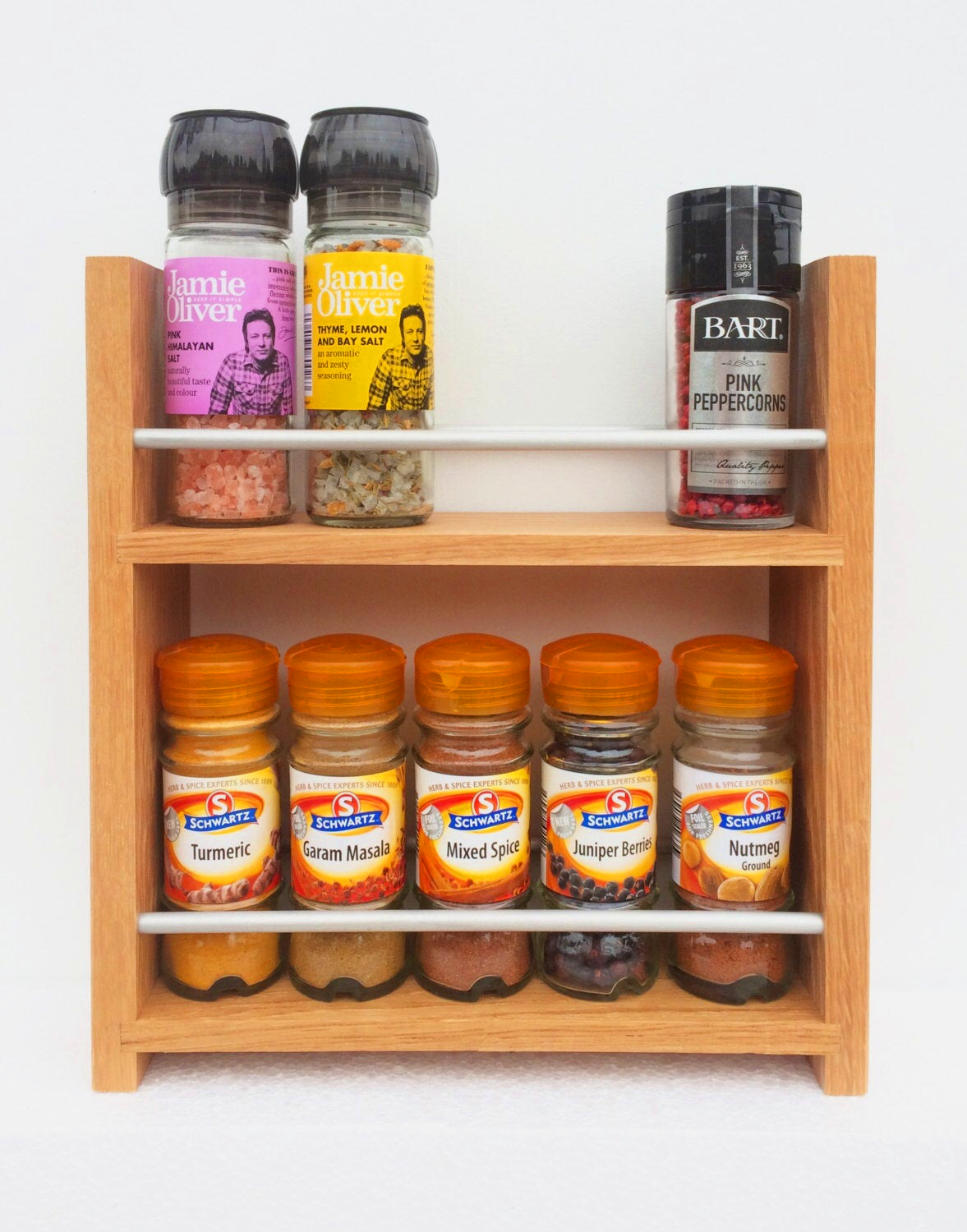 Solid Oak Spice Rack 2 Shelves Deep Capacity & Open Top for Larger Jars, Bottles and Packets - 8cm Deep