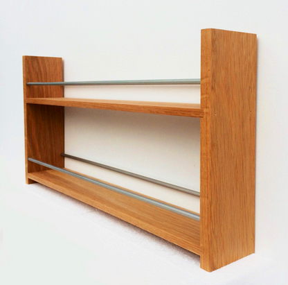Solid Oak Spice Rack 2 Shelves Deep Capacity & Open Top for Larger Jars, Bottles and Packets - 8cm Deep