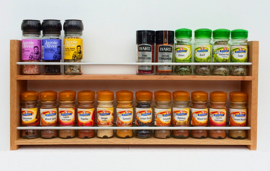 Solid Oak Spice Rack 2 Shelves Deep Capacity & Open Top for Larger Jars, Bottles and Packets - 8cm Deep