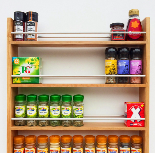 Solid Oak Spice Rack 4 Shelves Deep Capacity & Open Top for Larger Jars, Bottles and Packets- 8cm Deep