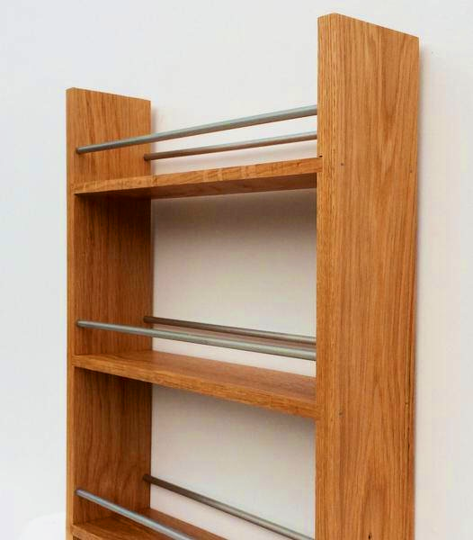 Solid oak spice rack with 6 shelves open top shelf and aluminium rails