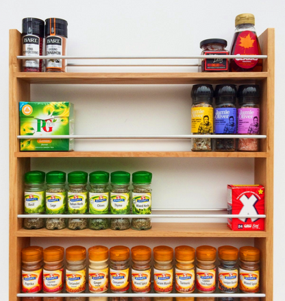 Solid Oak Spice Rack 5 Shelves Deep Capacity & Open Top for Larger Jars, Bottles and Packets - 8cm Deep