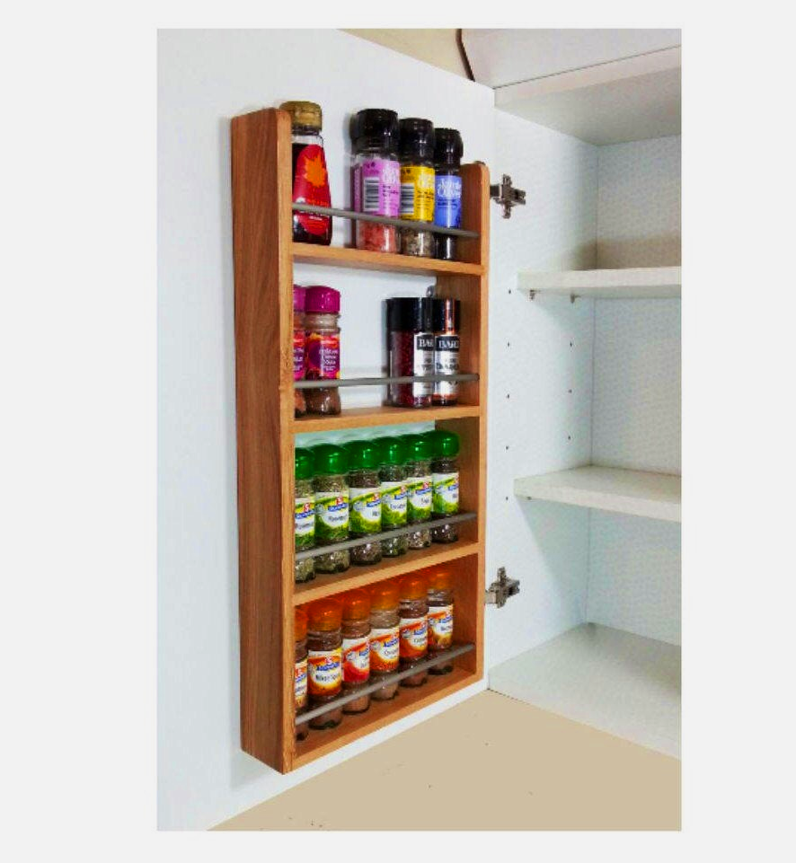 Solid Oak Spice Rack 4 Tiers Cupboard Door Hung Open Top Storage SilverAppleWood