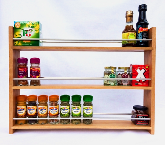 Solid Oak Spice Rack 3 Shelves Deep Capacity & Open Top for Larger Jars, Bottles and Packets - 8cm Deep