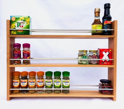 Solid Oak Spice Rack 3 Shelf Deep Capacity & Open Top for Larger Jars, Bottles and Packets
