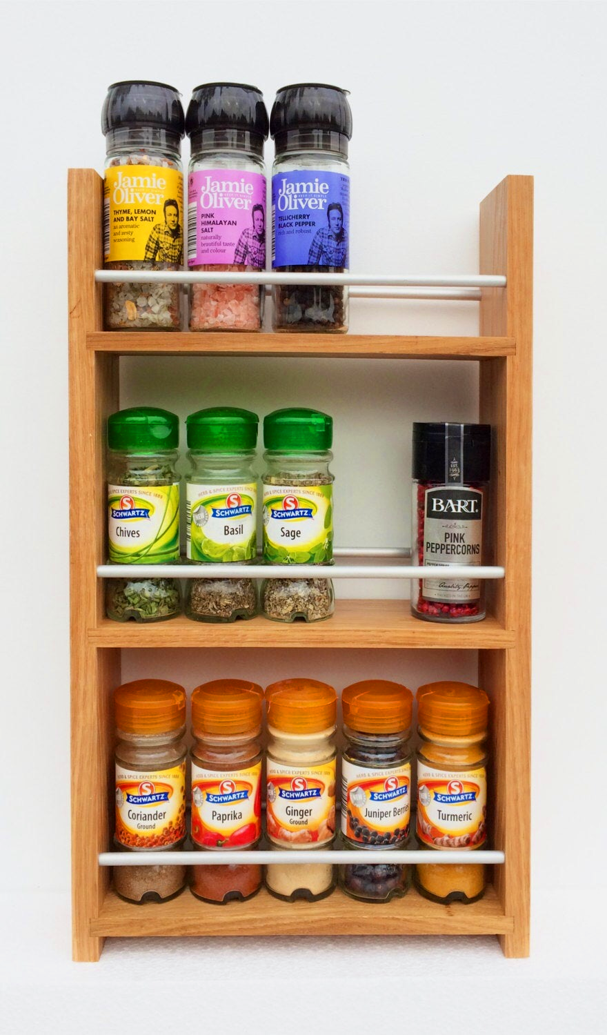 Solid Oak Spice Rack 3 Shelves Deep Capacity & Open Top for Larger Jars, Bottles and Packets - 8cm Deep