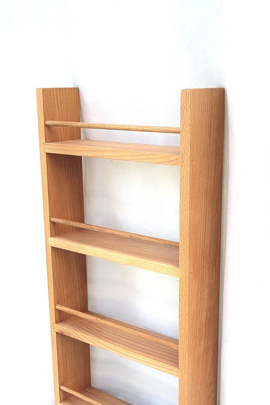 Solid Beech Spice Rack 5 Shelf Deep Capacity & Open Top. Holds Larger Jars, Bottles and Packets