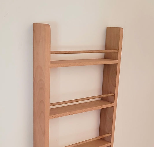 Solid beech 3 shelf spice rack fixed to kitchen door