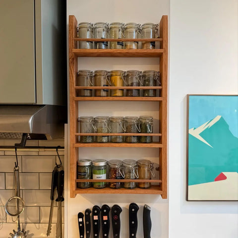 Solid Oak Spice Rack 4 Tiers Cupboard & Door Hung