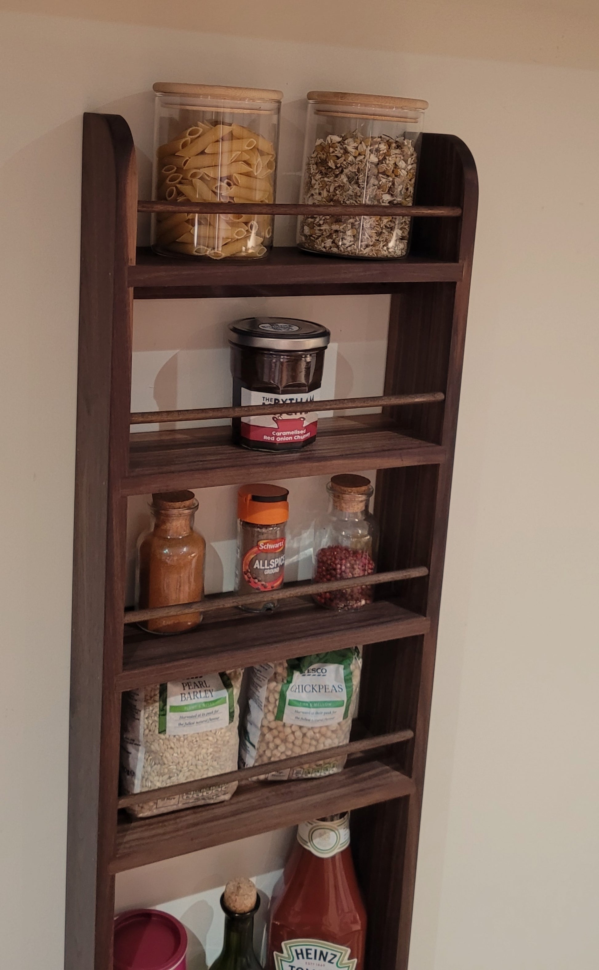 Solid walnut butler pantry larder rack with 5 shelves including bottle shelf